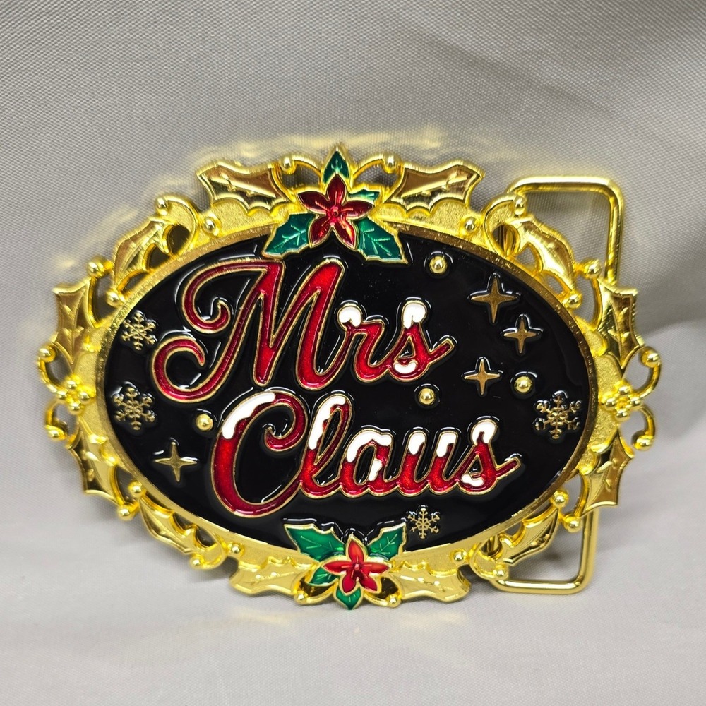 StuffForSanta Mrs Claus Belt Buckle Christmas Holiday OS Gold Red Excellent Oval